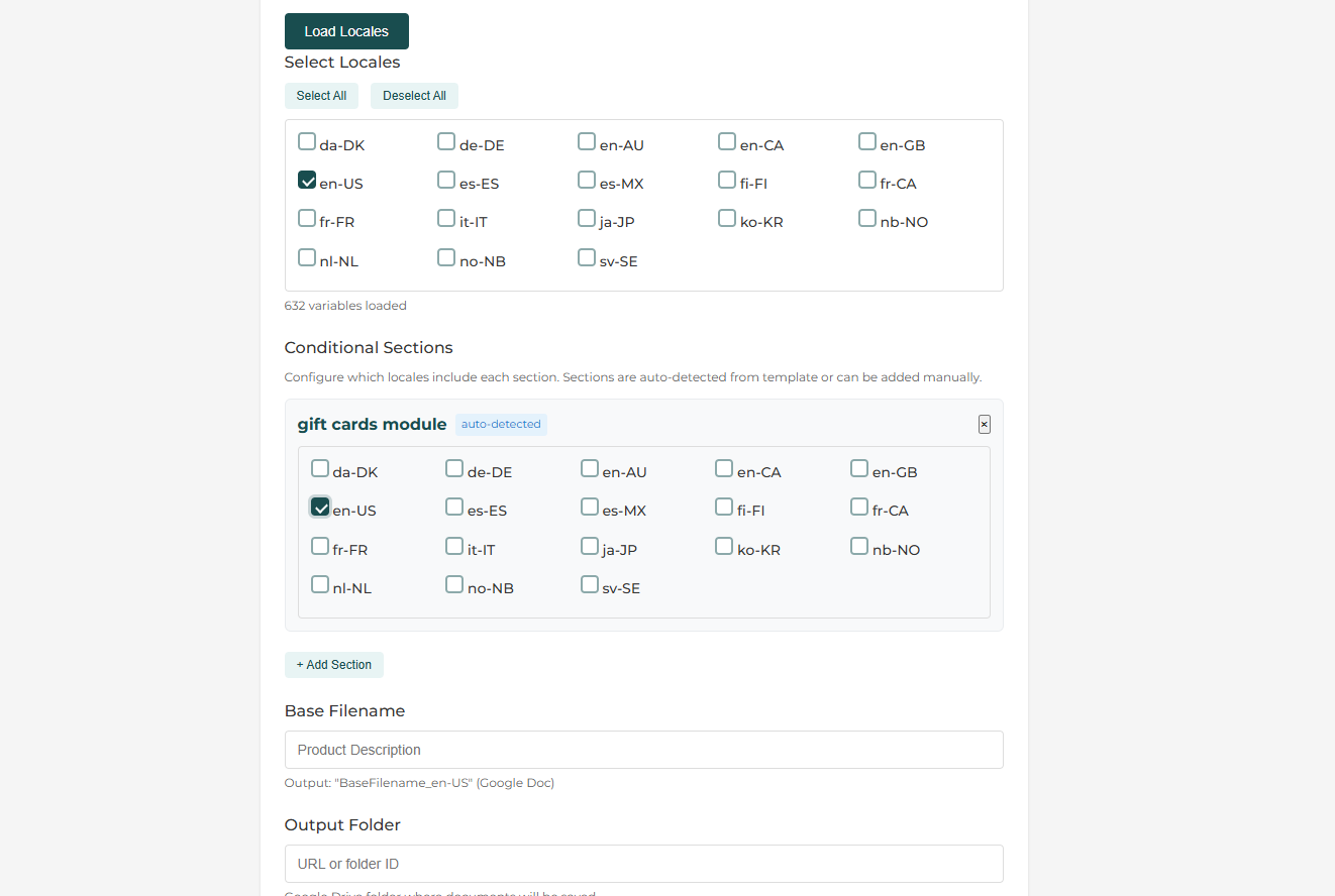 Select locales screen